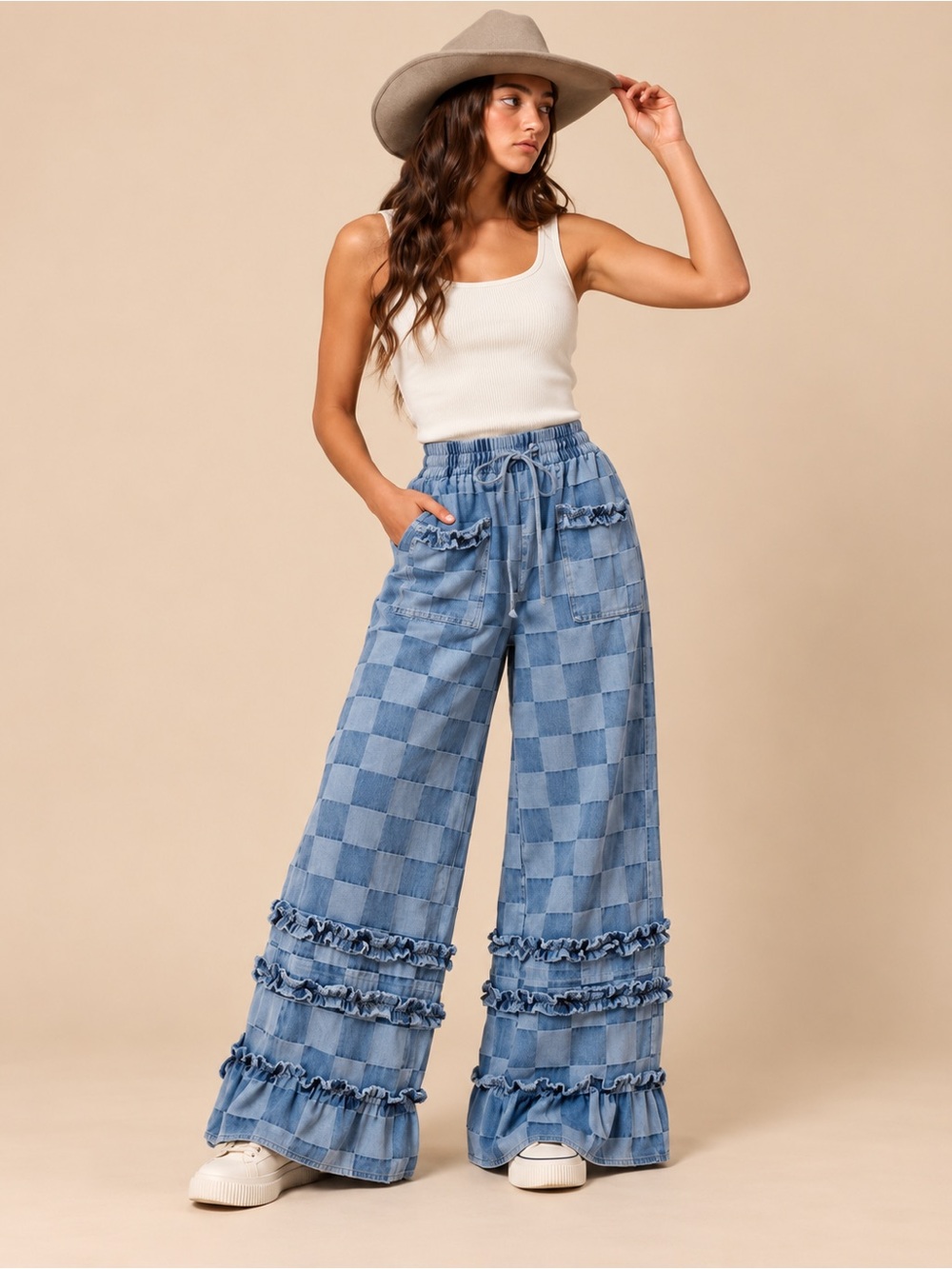 Bibi Boho Checkered Denim Wide Leg Ruffle Pants – XL